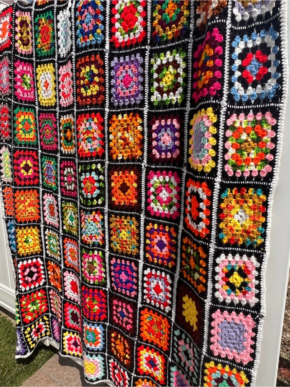Large Handmade Crocheted Granny Square Afghan Blanket Colorful Boho Vintage